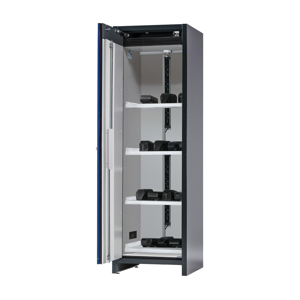 Illustration du produit: Armoire de sécurité asecos® type 90 pour batteries lithium-ions ION-CORE-CHARGE, H x l x P 1 953 x 599 x 615 mm, 4 tablettes perforées, 2 multiprises (version UE), 1 bac de rétention au sol