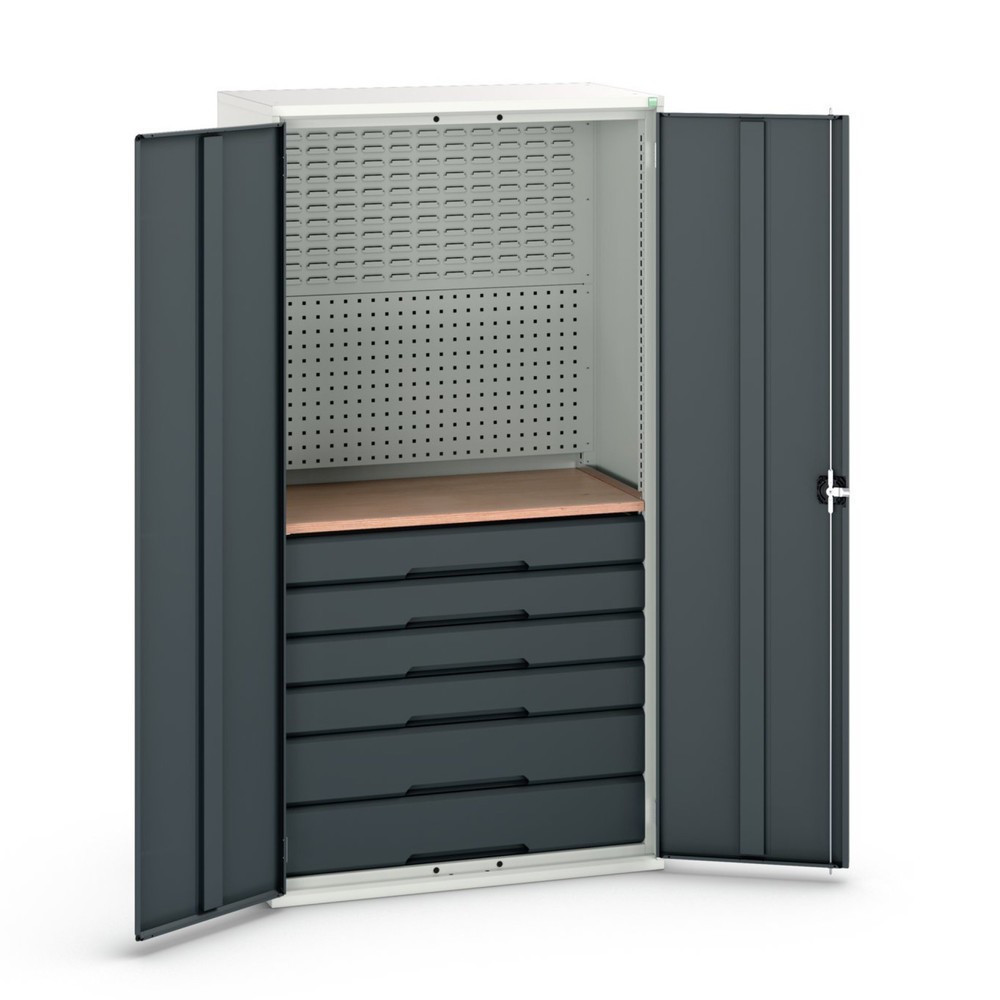 Illustration du produit: bott Armoire à portes battantes verso avec 6 tiroirs, avec paroi arrière et plan de travail, lxPxH : 1 050 x 550 x 2 000 mm