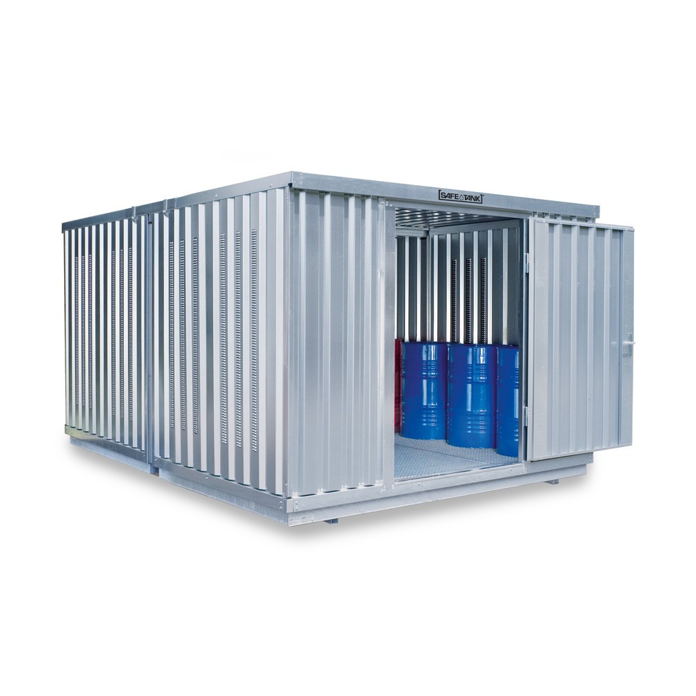 Illustration du produit: Combinaison de conteneurs pour substances dangereuses SAFE Tank 3500, PLG, galvanisés, prémontés, dimensions extérieures 4 050x6 520x2 300 mm, porte à un battant, au milieu du côté court, surface de stockage 25 m²