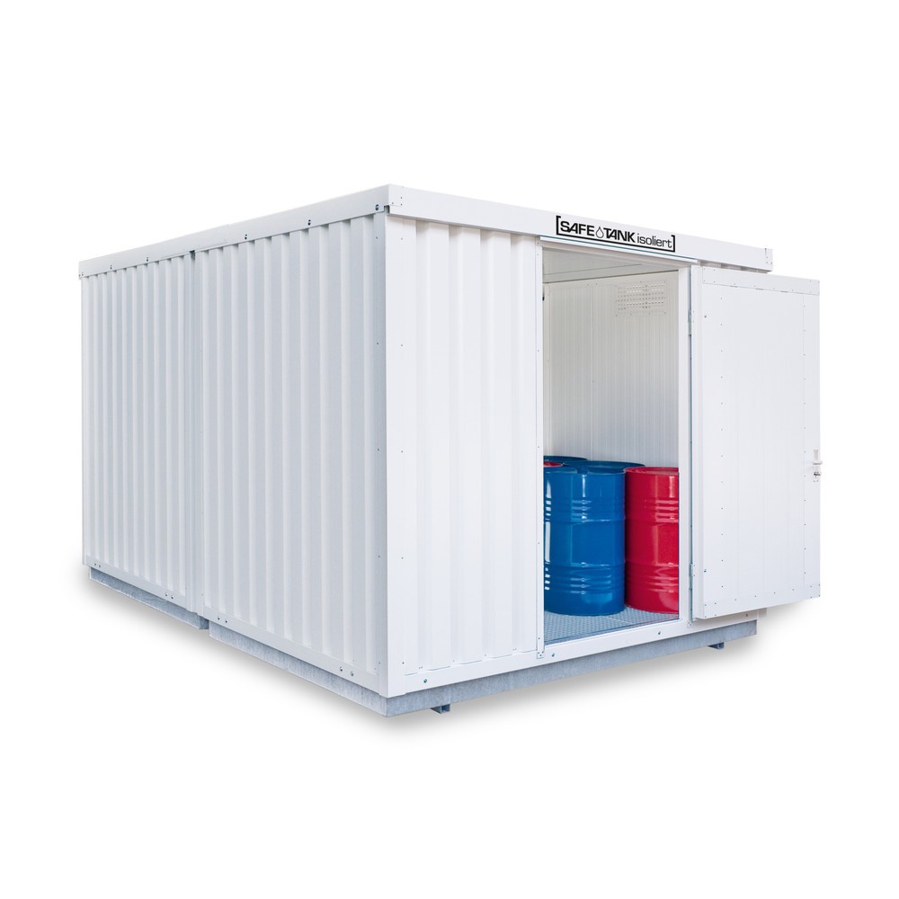 Illustration du produit: Combinaison de conteneurs pour substances dangereuses SAFE Tank 5000 WGK, isolés, prémontés, revêtement plastique RAL 9002, dimensions extérieures 4 050x4 340x2 510 mm, porte à un battant, au centre du côté avant, surface de stockage 16 m²
