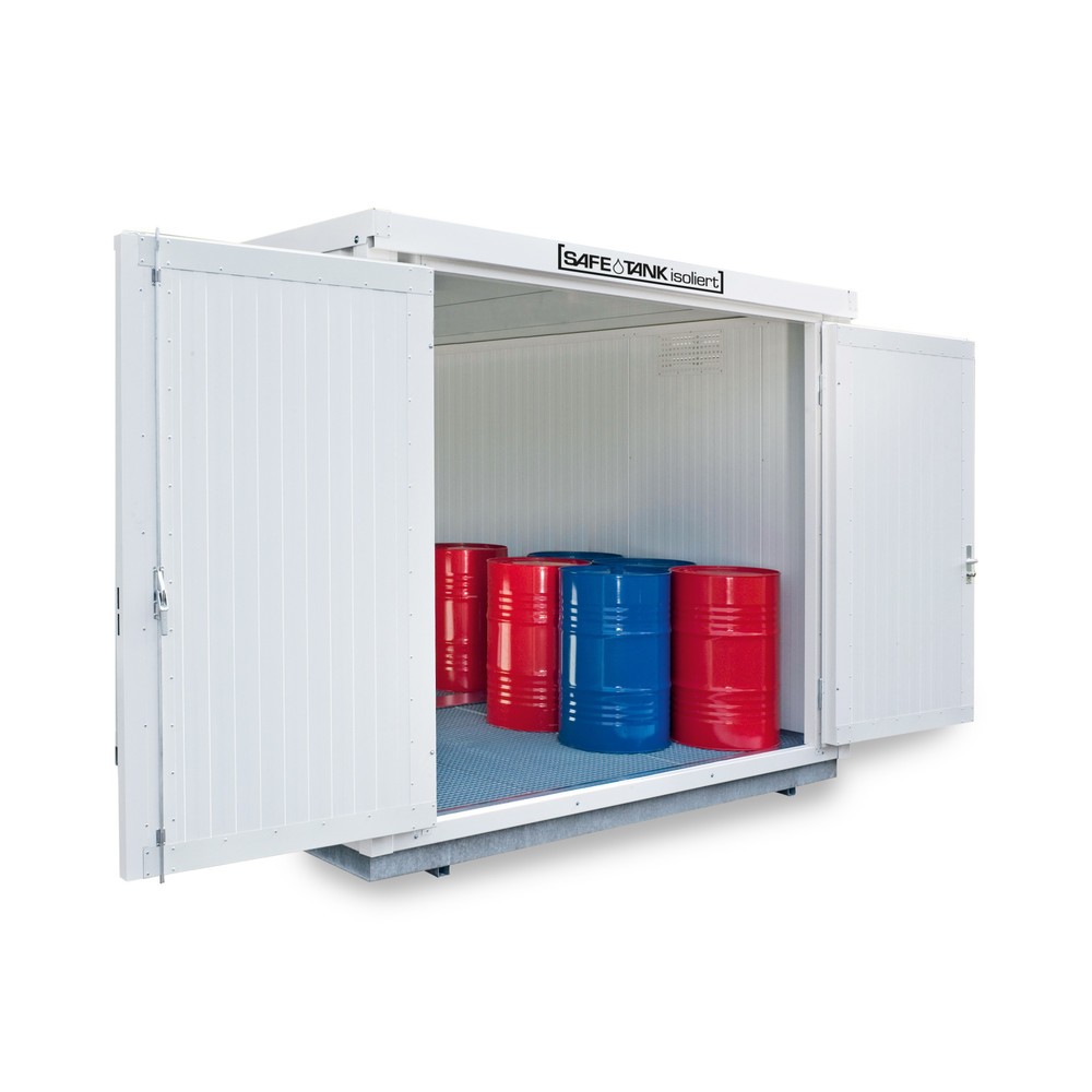 Illustration du produit: Conteneur pour substances dangereuses SAFE Tank 1000 WGK, isolé, monté, revêtement plastique RAL9002, dimensions extérieures 3 050x2 170x2 560 mm, porte à doubles battants, au centre du côté large, surface de stockage 5 m²