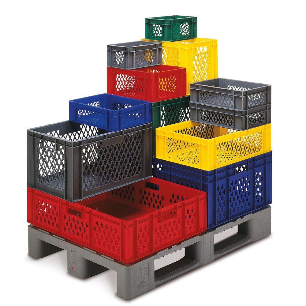 Product afbeelding: Euro-stapelbak, wanden opengewerkt + bodems gesloten, 40 liter, blauw, handgrepen