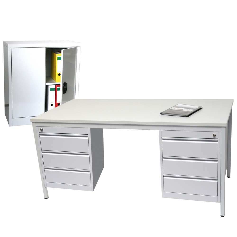Illustration du produit: Kit d'aménagement, bureau Lxl 1 800 x 800 mm avec 2x meubles bas + armoire d'appoint Lxl 900 x 800 mm, gris clair