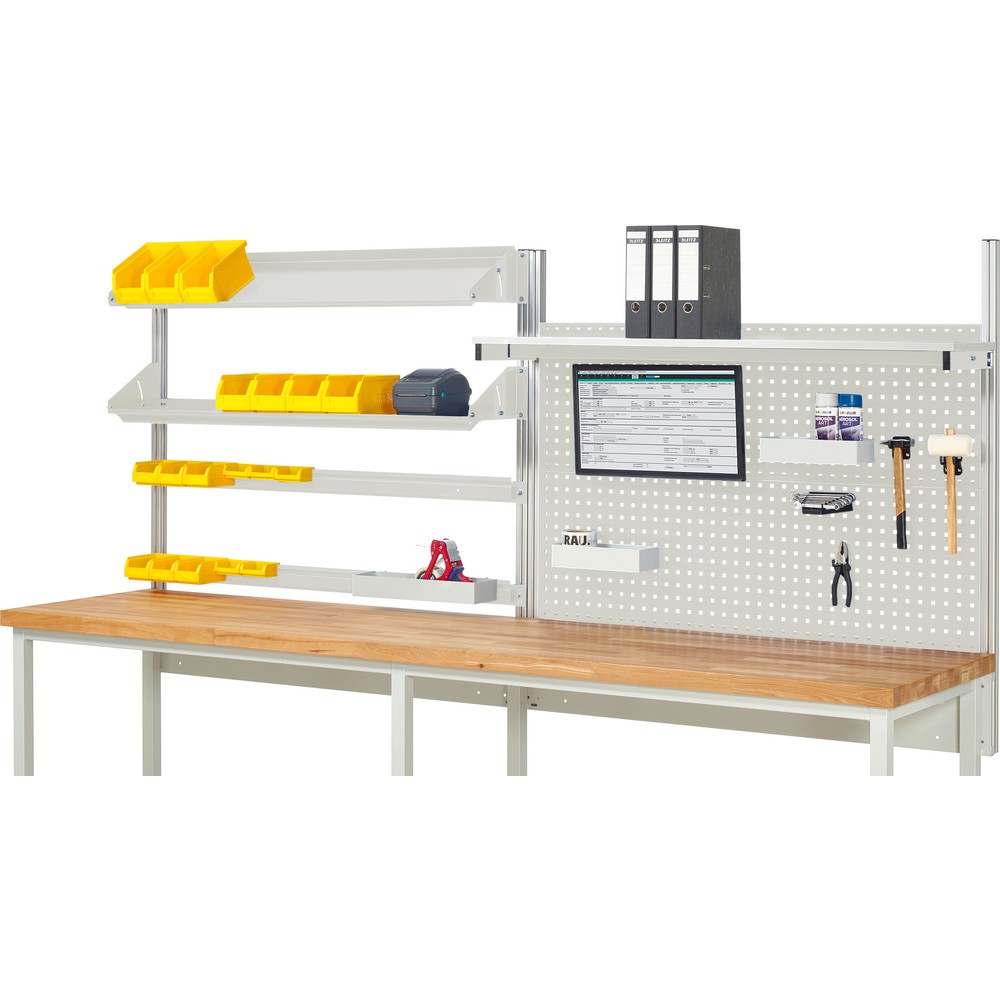 Product afbeelding: RAU systeemopbouw, h x b x d 1.130 x 3.000 x 3.000 mm, met 1 legbord, 2 draagrails, 2 kantelbare metalen legborden en 1 flatscreenhouder, complete set 05 voor productbreedte 3.000 mm