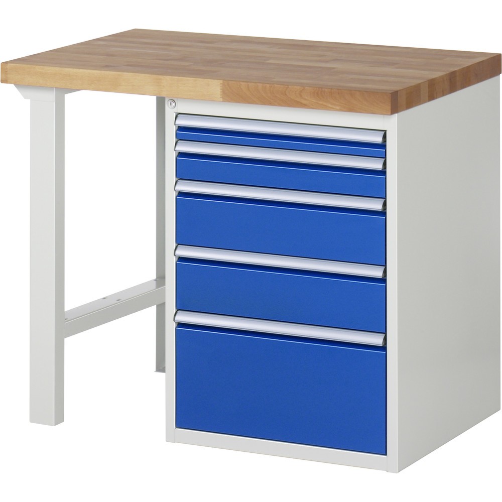 Product afbeelding: RAU werkbank serie 7000, h x b x d 890 x 1.000 x 700 mm, 1 onderbouwkast rechts, met 5 lades