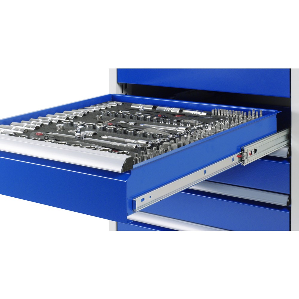 Produktabbildung Nr. 6: Werkbank RAU serie 8000 met neerlaatbaar onderstel, 1 dubbele kast, hxbxd 880 x 1.250 x 700 mm, 4 lades 2 x 90 mm, 2 x 180 mm, 1 draaideur, 1 legbord