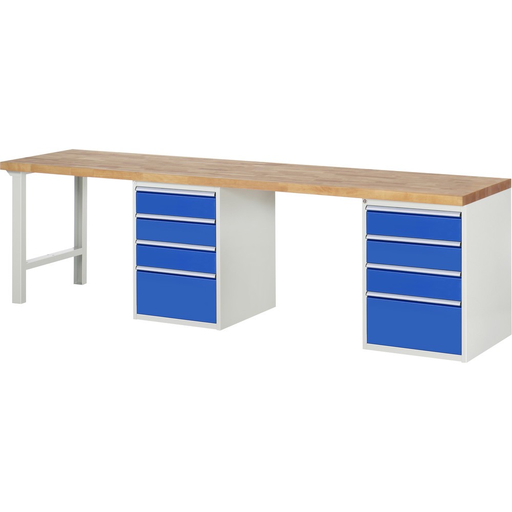 Product afbeelding: RAU werkbank serie 7000, h x b x d 890 x 3.000 x 700 mm, 2 onderbouwkasten, met telkens 4 lades