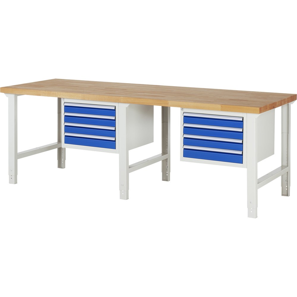 Product afbeelding: RAU werkbank serie 7000, h x b x d 790-1.140 x 2.500 x 900 mm, 2 onderbouwkasten, met telkens 4 lades