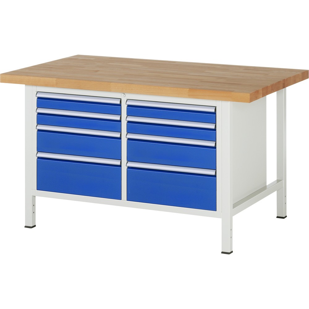 Produktabbildung Nr. 1: Werkbank RAU serie 8000, 1 dubbele kast, hxbxd 840-1.040 x 1.500 x 900 mm, 8 x voor 90% uittrekbare lades, 4 x 90, 2 x 150, 2 x 210 mm, draagvermogen lade 100 kg