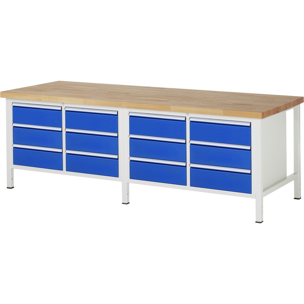 Product afbeelding: RAU werkbank serie 8000, h x b x d 840-1.040 x 2.500 x 900 mm, 2 dubbele onderbouwkasten, met telkens 6 lades