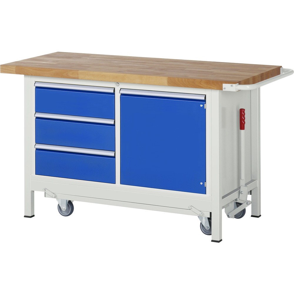 Produktabbildung Nr. 1: RAU werkbank met dolly serie 8000, h x b x d 880 x 1.500 x 700 mm, 1 dubbele onderbouwkast, met 3 lades en 1 openslaande deur