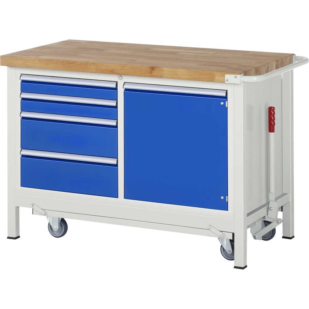 Product afbeelding: RAU werkbank met dolly serie 8000, h x b x d 880 x 1.250 x 700 mm, 1 dubbele onderbouwkast, met 4 lades en 1 openslaande deur