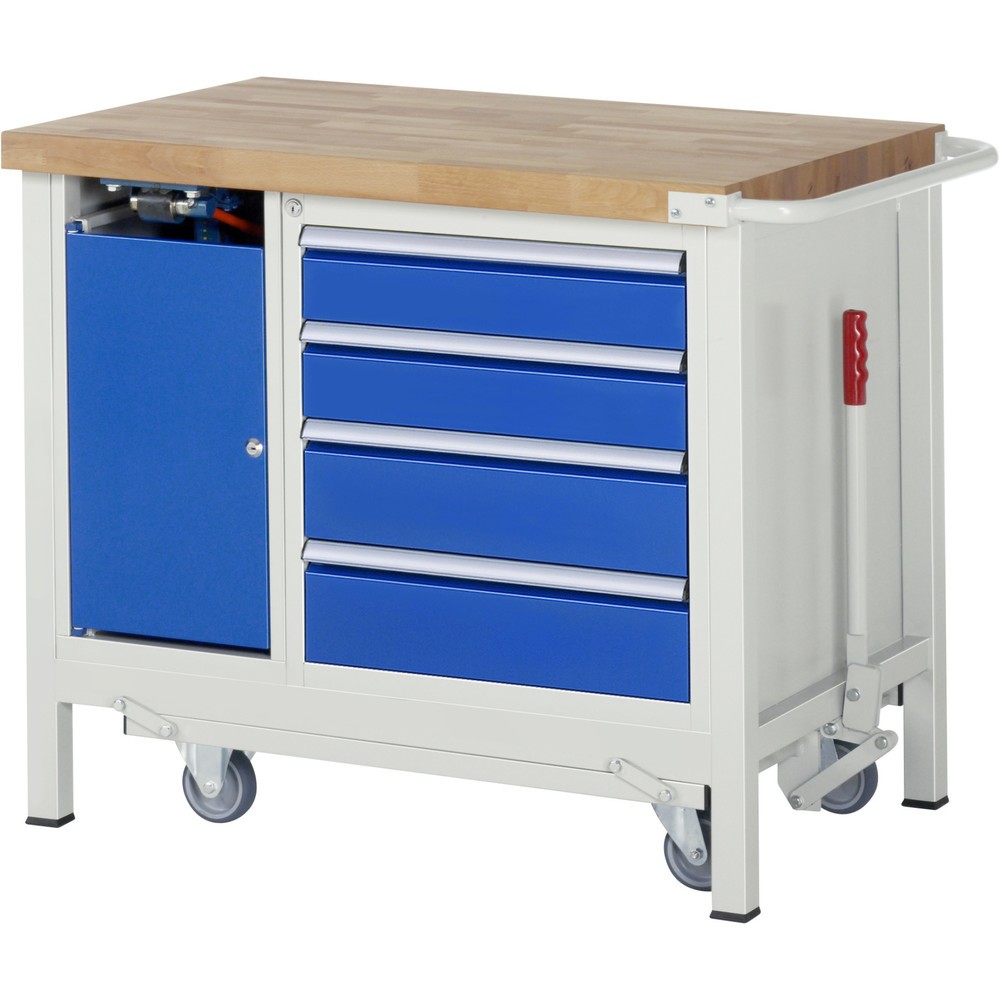 Produktabbildung Nr. 8: Werkbank RAU serie 8000 met neerlaatbaar onderstel, 2 kasten, 1 legbord, hxbxd 880 x 1.250 x 700 mm, 5 x voor 90% uittrekbare lades